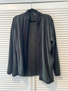 Handmade Green Open-Front Women's Jacket with Trim